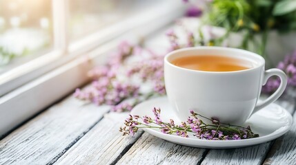 Leinwandbilder - A cup of herbal tea rests on a rustic white wooden table, next to delicate purple wildflowers, bathed in soft sunlight streaming from a nearby window. : Generative AI
