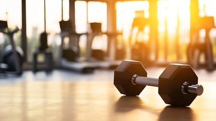 Aufkleber - Hexagonal dumbbell rests on wooden surface in a sunlit gym, with blurred fitness equipment in the background, suggesting health, fitness, and strength training. : Generative AI