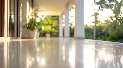 Poster - Sunlit Terrace Floor with Blurred Tropical Garden View, showcasing a modern home's exterior design elements and tranquil atmosphere. : Generative AI