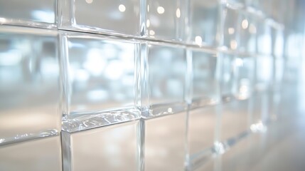 Poster - Close-up view of a modern glass block wall, showcasing its translucent cubes and subtle light reflections, creating a sleek and contemporary aesthetic. : Generative AI