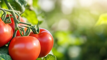 Aufkleber - Close-up of ripe red tomatoes growing on the vine in a lush green garden, bathed in sunlight.  Vibrant colors and healthy foliage showcase the freshness of the organic produce. : Generative AI