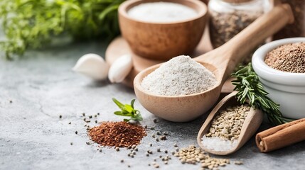 Poster - A close-up shot of various spices and herbs arranged on a gray surface, including salt, peppercorns, rosemary, cinnamon sticks, and other seasonings in wooden bowls and spoons. : Generative AI