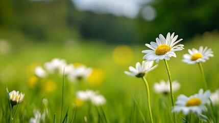 Poster - Close-up view of several daisies in a sunlit meadow, showcasing their delicate white petals and yellow centers against a blurred green background. : Generative AI