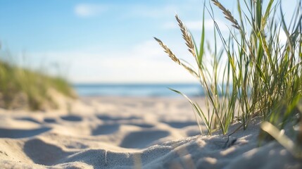 Poster - Beach grass blades gently sway in the warm sunlight, their delicate forms contrasting against the soft, white sand and the tranquil ocean horizon. : Generative AI