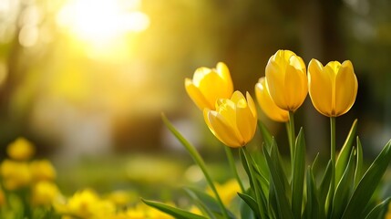 Poster - Close-up view of four vibrant yellow tulips bathed in warm sunlight, their petals glowing with a soft, golden hue, set against a softly blurred green garden background. : Generative AI