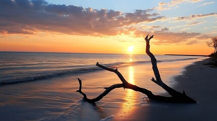 Poster - Serene sunset over tranquil ocean beach, featuring a weathered driftwood branch resting on the sand, bathed in warm golden light. : Generative AI