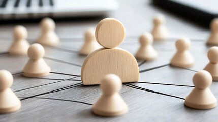 Aufkleber - Wooden figures represent a network, illustrating connections and teamwork within a business or organization.  A central figure highlights leadership or a key role. : Generative AI