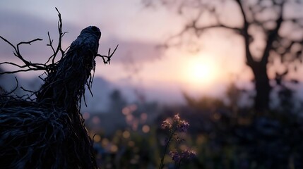 Aufkleber - Silhouette of a gnarled tree root against a vibrant sunset, with delicate purple wildflowers in the foreground.  The scene evokes a sense of mystery and tranquility. : Generative AI