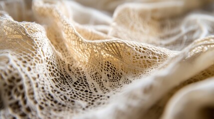 Poster - Close-up view of beige crocheted lace fabric, showing intricate texture and delicate pattern details. Soft, natural light illuminates the folds and weaves of the textile. : Generative AI