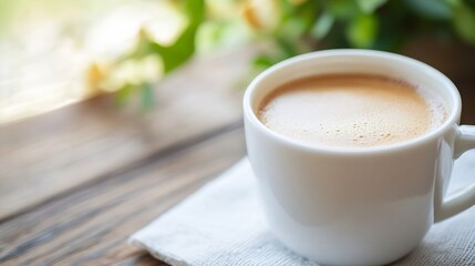 Poster - Aromatic espresso in a white mug sits on a rustic wooden table, bathed in soft sunlight with blurred yellow flowers in the background. : Generative AI