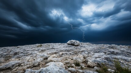 Poster - Dramatic lightning strike over a rocky, mountainous landscape under a dark, stormy sky. The scene evokes a sense of power and awe, with the contrast between the bright lightning and th : Generative AI
