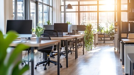 Poster - Modern office interior with sunlight streaming through large windows, showcasing rows of desks, computers, and potted plants, creating a bright and airy workspace. : Generative AI