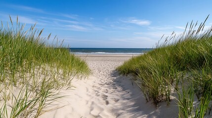 Poster - A sandy path through beach grass leads to a tranquil ocean view under a bright summer sky.  The scene evokes serenity and the beauty of coastal nature. : Generative AI