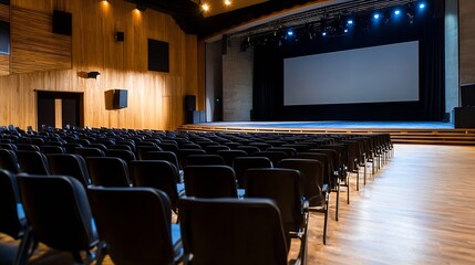 Aufkleber - Empty auditorium with rows of black chairs facing a large stage and projection screen, illuminated by soft lighting, showcasing modern architecture and design. : Generative AI