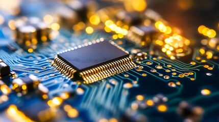 Fototapete - Close-up view of a microchip on a circuit board, showcasing intricate gold connectors and blue pathways, illuminated with warm bokeh lights. : Generative AI