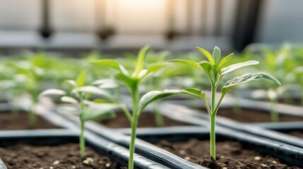 Poster - Young pepper plants growing in a greenhouse, showcasing vibrant green leaves and sturdy stems, nurtured in rich soil under sunlight. : Generative AI