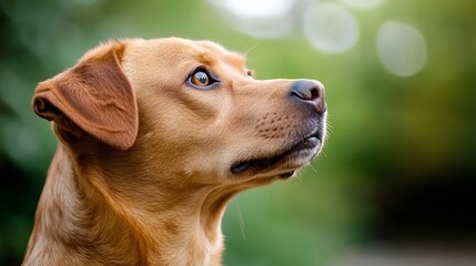 Aufkleber - A fox-red labrador retriever dog looks upward, its gaze directed towards something unseen in the distance, set against a softly blurred green background. : Generative AI