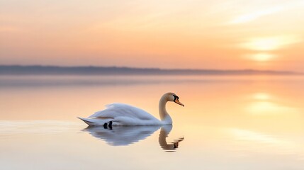 Poster - Serene swan gracefully gliding on calm lake water at sunrise, reflecting golden sunlight, peaceful morning scene. : Generative AI