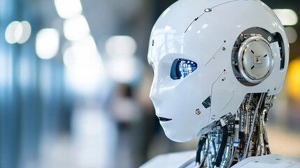 Leinwandbilder - Close-up profile view of a futuristic humanoid robot head, showcasing intricate internal circuitry and glowing blue eyes, set against a blurred modern background. : Generative AI