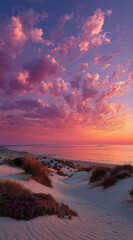 Poster - Pink sunset over coastal sand dunes, vibrant sky with fluffy clouds reflecting on the ocean and beach, purple flowers in foreground.