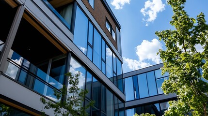 Leinwandbilder - Modern apartment building with glass facade reflecting blue sky and clouds, showcasing balconies and green trees nearby on a sunny day. : Generative AI