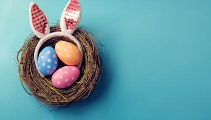 Aufkleber - easter nest with colorful eggs and bunny ears on blue background for spring web design, branding, print ads, greeting cards, and festive graphics

