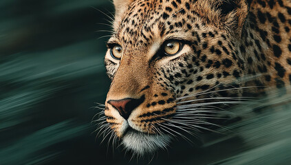 Aufkleber - Close-up portrait of a majestic leopard, its intense gaze and spotted fur highlighted against a blurred, dark green background. The image evokes a sense of wild beauty and power.