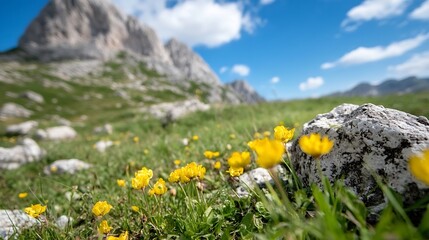 Poster - Vibrant yellow wildflowers bloom in a lush alpine meadow, with majestic grey mountains and a clear blue sky forming a stunning backdrop. : Generative AI