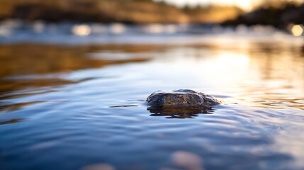 Poster - Single dark rock partially submerged in calm, shallow water at sunset, with blurred golden background of river and trees. : Generative AI