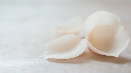 Fototapete - Close-up of three delicate, creamy-white rose petals softly resting on a light beige surface, illuminated with soft, diffused light, creating a serene and minimalist aesthetic. : Generative AI