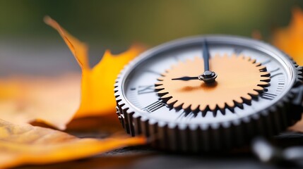 Aufkleber - Close-up of antique pocket watch with roman numerals resting on autumn leaves, showcasing intricate gear details and gold accents. : Generative AI