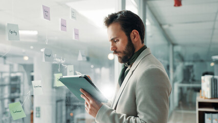 Aufkleber - Businessman, tablet and window with research for ideas, strategy and financial planning mindmap, Digital, info on glass board or online checklist for budget, funding or finance solution in workplace
