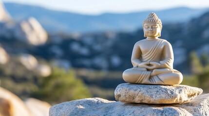 Aufkleber - Serene Buddha statue meditates atop stacked rocks, overlooking a tranquil mountain landscape bathed in soft sunlight. : Generative AI