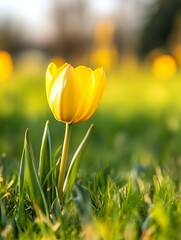 Aufkleber - Single yellow tulip in vibrant green grass, bathed in soft sunlight, creating a serene spring scene.  The bokeh effect emphasizes the flower's delicate beauty. : Generative AI