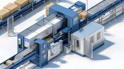 Poster - Aerial view of an automated packaging system with conveyor belts and boxes in a warehouse