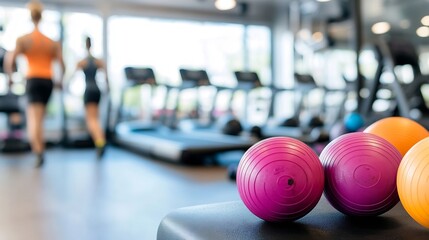 Poster - Close-up of purple and orange gym balls resting on a bench, with blurred background of people exercising on treadmills in a modern fitness center. : Generative AI