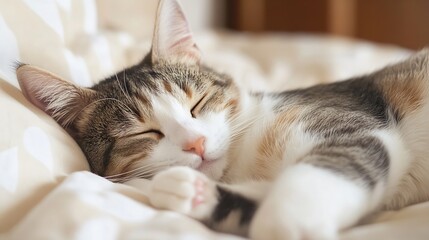 Poster - A tabby cat peacefully sleeps curled up on soft, beige bedding, its eyes closed and paws tucked neatly.  The soft light enhances the cat's fur texture and serene expression. : Generative AI