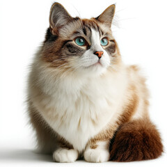 Aufkleber - A fluffy Ragdoll cat with striking blue eyes sits against a white background, its luxurious fur highlighted in detail. The cat's pose is elegant and serene, showcasing its beauty.