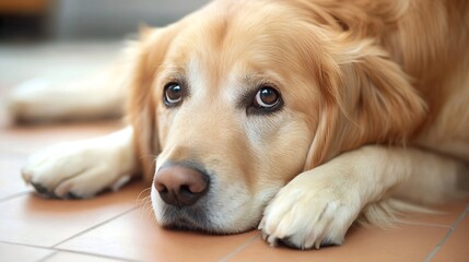 Poster - A golden retriever dog rests its head on the floor, its paws gently folded beneath it, gazing pensively into the distance with soulful brown eyes. : Generative AI