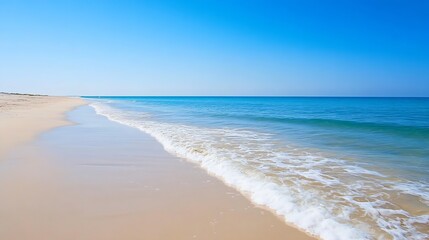 Poster - Serene coastal scene: gentle waves caress a pristine sandy beach under a vibrant blue sky, offering a tranquil summer escape. : Generative AI