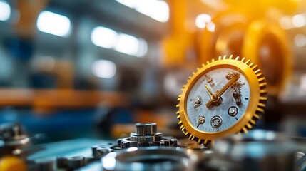 Aufkleber - Close-up of a gold clock mechanism with visible gears, set against a blurred industrial factory background.  The image evokes themes of precision, time, and manufacturing. : Generative AI