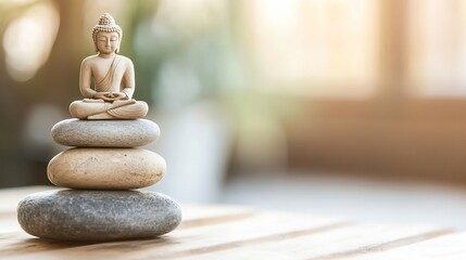 Aufkleber - Serene Buddha statue meditates atop a balanced stack of three smooth grey, beige, and brown stones, set against a softly blurred natural background. : Generative AI
