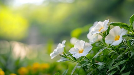 Poster - Close-up view of delicate white flowers blooming in a lush green garden, bathed in soft sunlight, creating a serene and peaceful atmosphere. : Generative AI