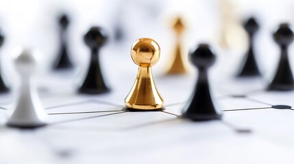 Poster - A single golden pawn stands out among black and white pawns on a strategic game board, representing leadership and success in a competitive environment. : Generative AI