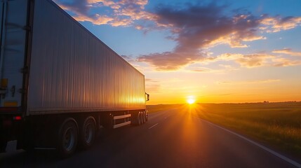 Poster - Semi-truck trailer drives on highway at sunset, golden hour light reflecting on its side, rural landscape visible in the distance. : Generative AI