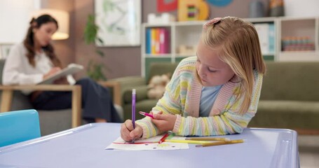 Poster - Woman, drawing or therapist with girl for counselling in therapy, creative assessment or test. Analyse, art or behavioural psychologist writing to observe adhd with kid, evaluation report or child