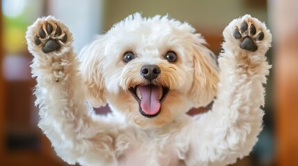 Poster - Happy white fluffy dog playfully raises its paws, showcasing adorable paws and a joyful expression.  Perfect for pet, animal, or happiness themed projects. : Generative AI