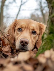 Aufkleber - Golden retriever puppy peeking from autumn leaves, showing curious eyes and a gentle expression.  The dog's fur is light brown, contrasting with the brown foliage. : Generative AI