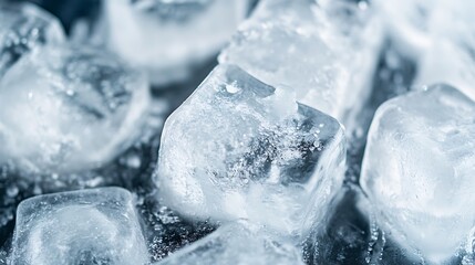 Poster - Close-up view of several translucent ice cubes, glistening with a frosty texture, resting on a dark surface.  The image evokes a sense of coolness and refreshment. : Generative AI