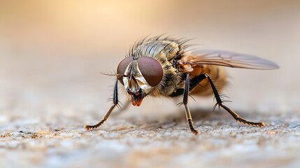 Poster - Close-up view of a tachinid fly, its brown eyes and hairy legs prominent against a blurred beige background. The insect's proboscis is visible, and its wings are partially spread. : Generative AI